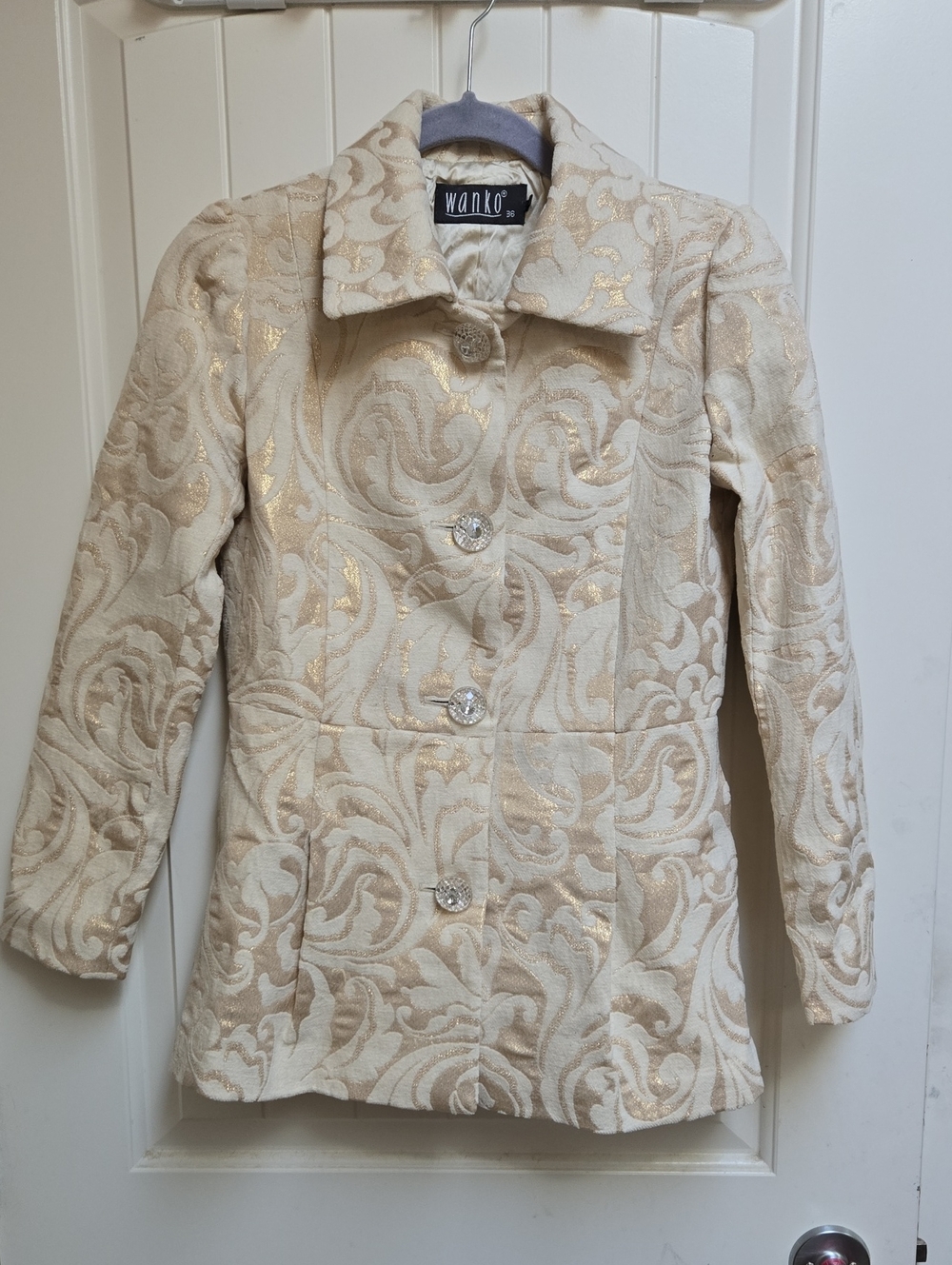 Wanko Women's Cream Brocade Pea Coat with Accent Buttons Long Sleeve